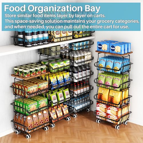 4 Tier Vegetable Fruit Basket for Kitchen, Stackable Metal Fruit and Vegetable Storage Baskets with Rolling Wheels Cart, Fruteros Para Cocina Potato and Onion Bin Pantry Kitchen Island Cart Counter