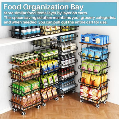 4 Tier Vegetable Fruit Basket for Kitchen, Stackable Metal Fruit and Vegetable Storage Baskets with Rolling Wheels Cart, Fruteros Para Cocina Potato and Onion Bin Pantry Kitchen Island Cart Counter