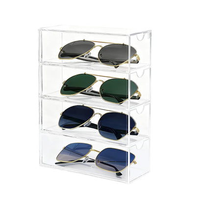 Acrylic Sunglasses Organizer with 4 Drawers | Clear Eyeglass Holder, Eyewear Display Case, Stackable Sunglass Storage Case For Women and Men Glasses Jewelry Watch Storage