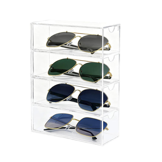 Acrylic Sunglasses Organizer with 4 Drawers | Clear Eyeglass Holder, Eyewear Display Case, Stackable Sunglass Storage Case For Women and Men Glasses Jewelry Watch Storage