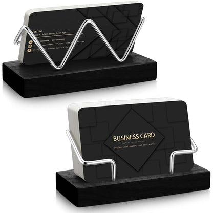 2 Pieces Wood Business Card Holder for Desk Wooden Business Card Display Stand Postcard Holder for Office Home Desktop (Black, Silver)