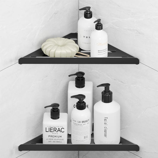 Shower Caddy Storage, Triangle Corner Shelf with Adhesive Glue | Metal Bathroom Shelf Storage, Adhesive or Screw Wall Mounted Corner Shower Rack, Black Rustproof Bath Organizer Accessory