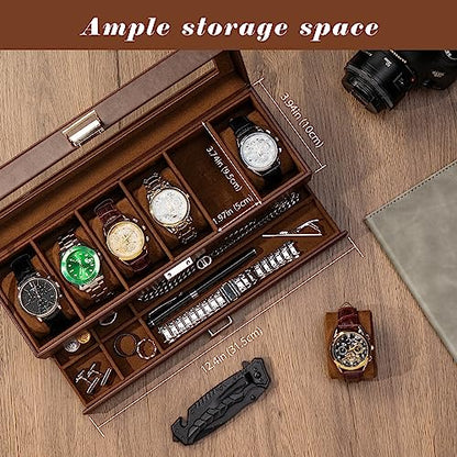 ProCase Watch Box, Fathers Day Gift for Dad, 6 Slot Watches Display Case with Drawer, Mens Watch Case with Glass Lid, 2-Layer Mens Jewelry Organizer Storage Holder -6 Slot, Espresso