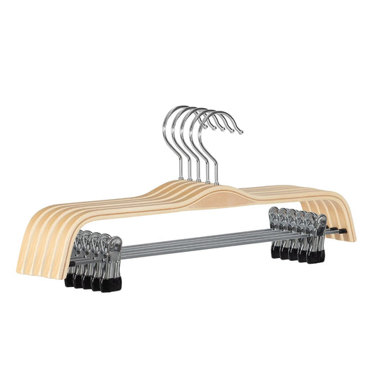 JS Hanger Wooden Pant Hangers, 5-Pack Light Weight Wood Skirt Hangers with Anti-Rust Hook and 2-Adjustable Clips