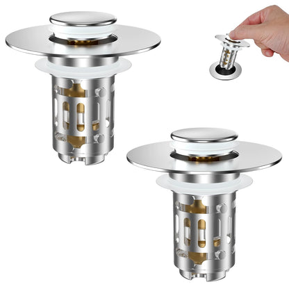 Hibbent 2 Pack Universal Bathroom Sink Drain Strainer, 3 in 1 Pop Up Stopper with Removable Stainless Steel Filter Basket, Brass Bullet Core, Hair Catcher Sink Plug for 1.1''~2.36'' Hole, Chrome