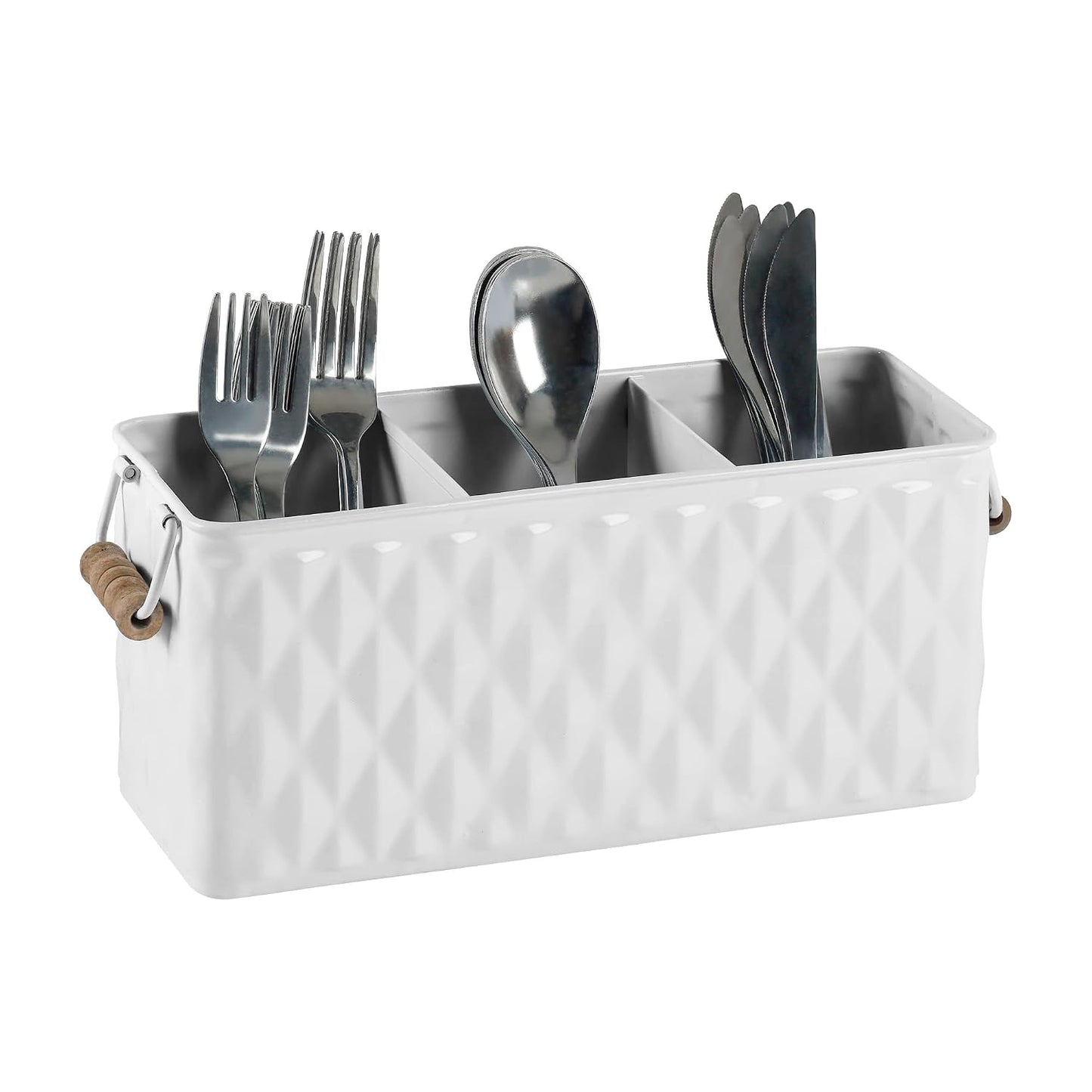 White Silverware Caddy for Party, Kitchen Flatware Holder | Metal Countertop Cutlery Organizer with 3 Compartments for Utensils, Spoons, Knives, Forks, Cups