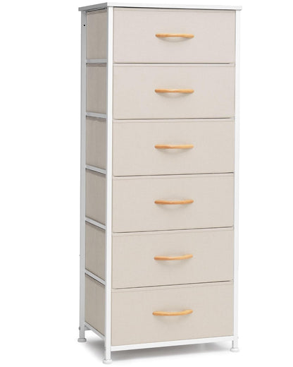 Tall 6-Drawer Fabric Dresser Tower for Closet, Vertical Storage, Beige | Sturdy Steel Frame, Wood Top and Easy Pull Fabric Bins Handles - Organizer Unit for Bedroom, Hallway, Entryway