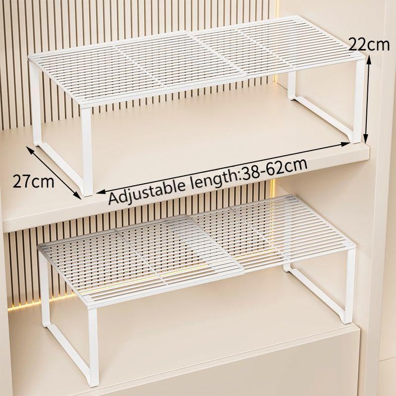Extendable Metal Wire Shelf Organizer - Adjustable 15-24.4in Length, Stackable Storage Rack for Kitchen/Pantry/Bathroom/Shoe Cabinet/Tool Closet (2, White)