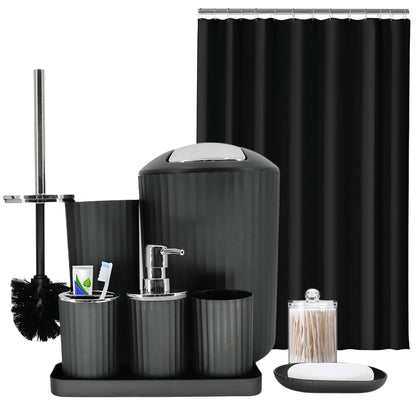 Black Bathroom Accessories Set, 10Pcs Bathroom Accessory Sets Complete with Trash Can, Shower Curtain, Vanity Tray, Soap Dispenser, Soap Dish, Toothbrush Holder&Cup, Toilet Brush&Holder, Qtip Holder