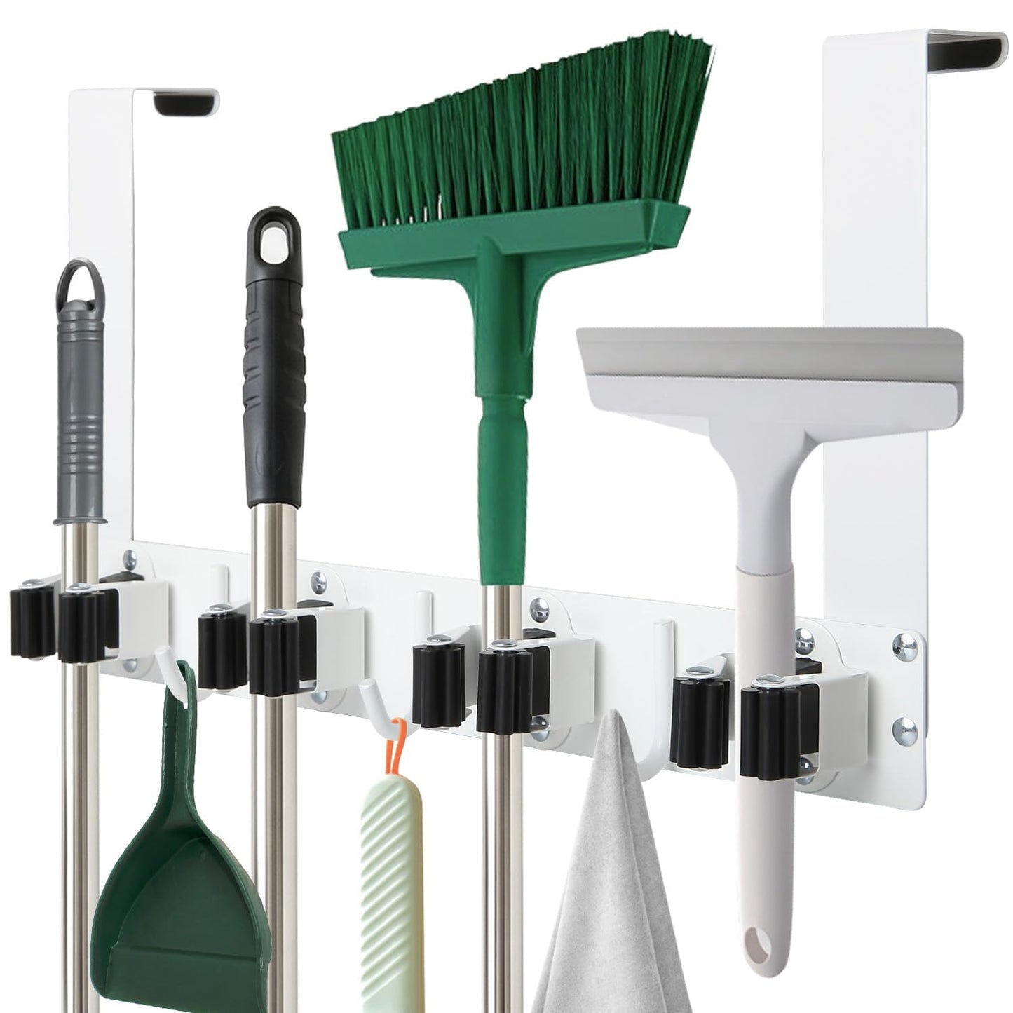 Over The Door Broom and Mop Holder, Heavy Duty Stainless Steel Organizer with 4 Slots and 3 Hooks, No Drilling Space Saving Tool Hanger for Kitchen, Laundry Room, Closet, and Garage - White