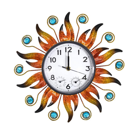 Sun Outdoor Clock with Thermometer and Hygrometer Combo, 13 Inch | Silent No-Ticking, Easy to Read, Quartz Clock Waterproof, Decor for Patio, Living Room, Kitchen, Orange