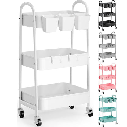 3 Tier Heavy Duty White Metal Rolling Cart with Lockable Wheels, Three Tiered Roller Book Snack Cart, Utility Storage Organizer Shelf Carts for Bathroom, Baby Diaper Caddy, Craft, Art,Cleaning,Teacher