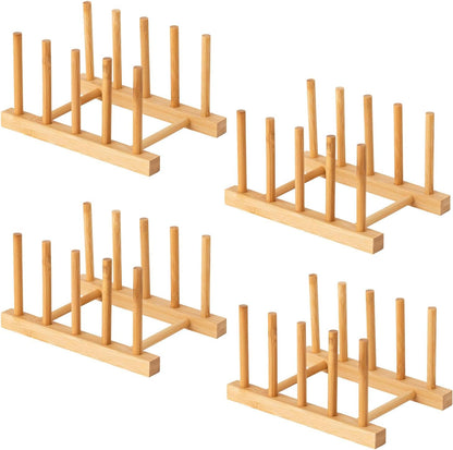 4 Pcs Bamboo Wooden Dish Rack, Plate Organizer for Cabinet Space Saver and Kitchen Counter, Bowl/Cup/Pot Lid/Cutting Board Drying Holder (4 Slots)