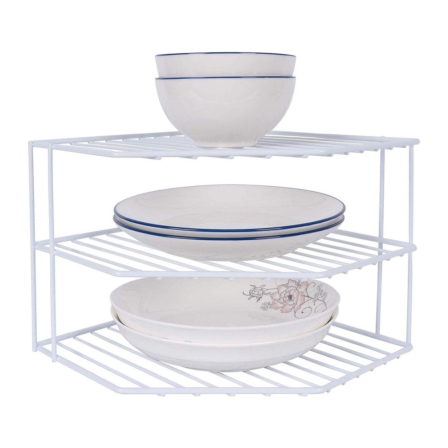 3-Tier Corner Shelf Counter and Cabinet Organizer - Steel Metal Wire - Rust Resistant - Plates, Dishes, Cabinet & Pantry Organizer - Kitchen Organization (10 x 7.5 Inch)(White)