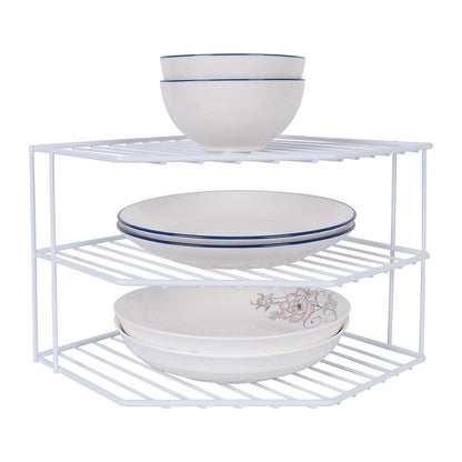 3-Tier Corner Shelf Counter and Cabinet Organizer - Steel Metal Wire - Rust Resistant - Plates, Dishes, Cabinet & Pantry Organizer - Kitchen Organization (10 x 7.5 Inch)(White)