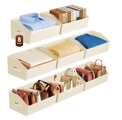 Large Closet Organizers and Storage Bins - 8 Pack Trapezoid Storage Baskets for Shelves, Foldable Fabric Baskets with Handles Ideal for Closet, Basket, Wardrobe and Shelf Storage, Beige