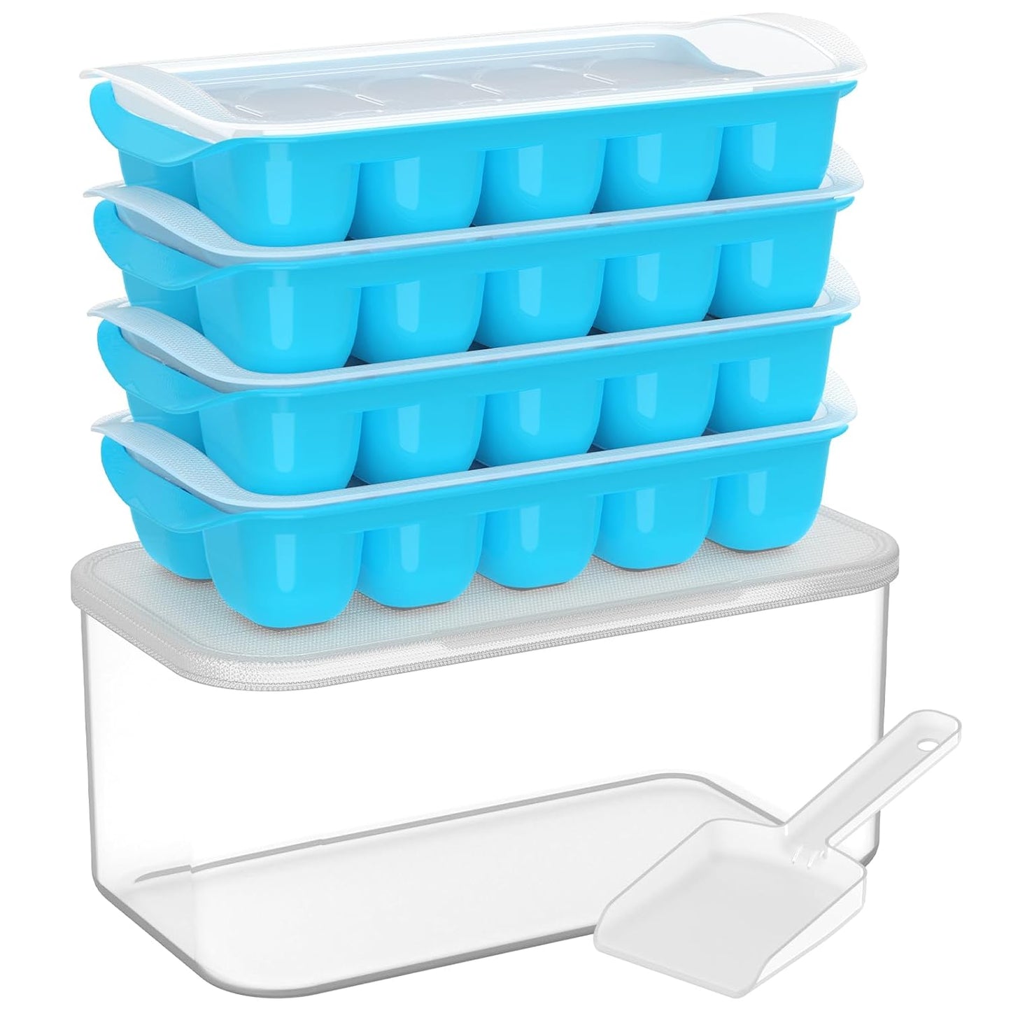 DOQAUS Ice Cube Tray with Lid and Bin, 4 Pack Ice Bucket Kits for RV | Stackable Silicone Ice Trays for Freezer, Easy Pop Out, BPA Free for Cocktail, Coffee, Soup, Food, Kitchen