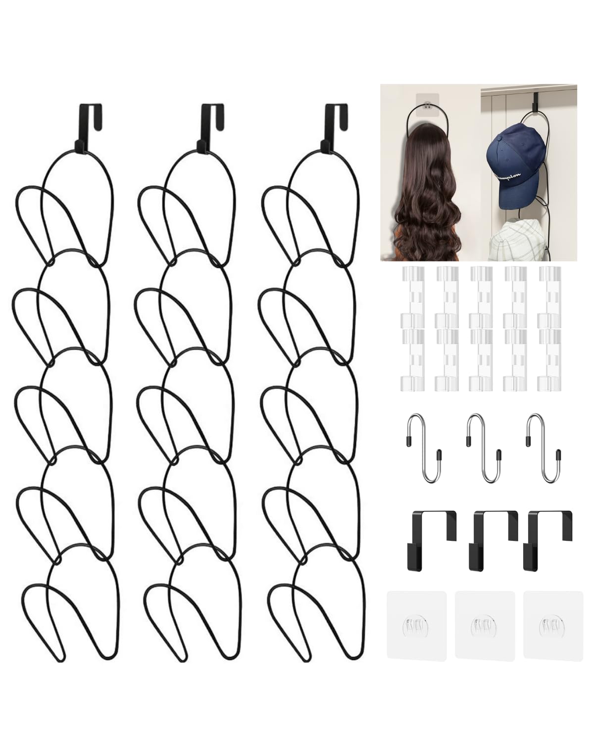 15 Pack Hat Rack Hanger Holder Organizer Closet Hanging Baseball Cap Display Storage Rack for Scarves Handbags Towels Clothes Ties Over Door Wall Mounted w Hanging Hook Black