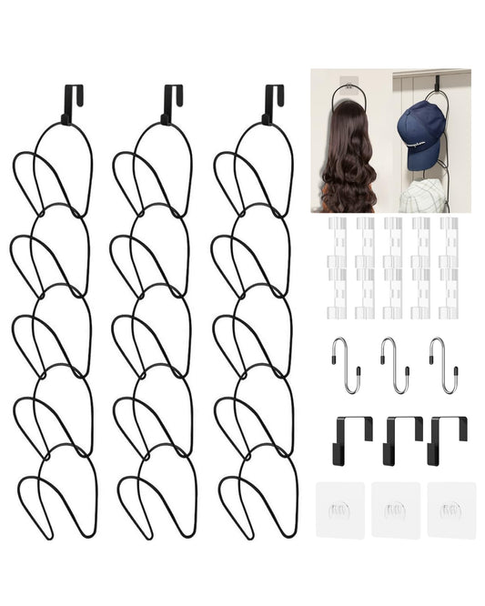 15 Pack Hat Rack Hanger Holder Organizer Closet Hanging Baseball Cap Display Storage Rack for Scarves Handbags Towels Clothes Ties Over Door Wall Mounted w Hanging Hook Black