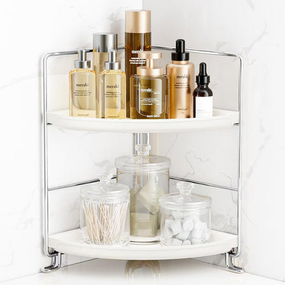 FSyueyun 2-Tier Corner Bathroom Counter Organizer, Vanity Tray, Silver | Plastic Bathroom Organizer Countertop for Skincare, Perfume, Makeup, Tool-Free Assembly, Small Bathroom Corner Tray Shelf