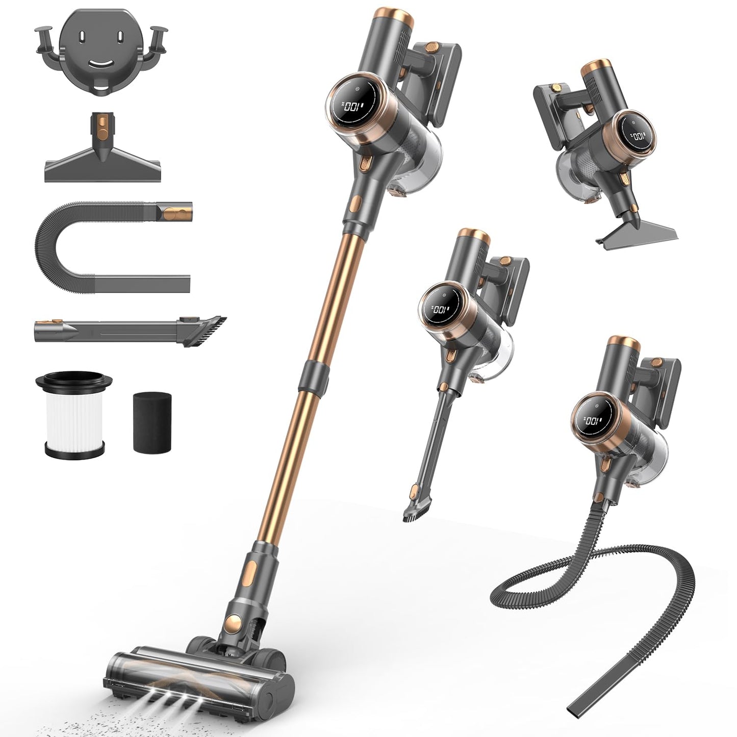Cordless Vacuum Cleaner, 10-in-1 Lightweight Stick Vacuum with 45mins Runtime, Powerful Suction, LED Touch Screen, Rechargeable Vacuum Cleaners for Home Hardwood Floor Carpet Pet Hair (Gold)