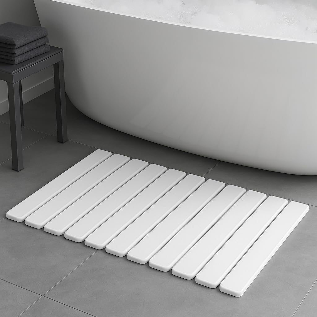 Premium Foldable Stone Bath Mat - Ultra Absorbent Quick Drying Compact Easy to Store & Clean Non-Slip Diatomaceous Earth Bath Shower Mat (White)