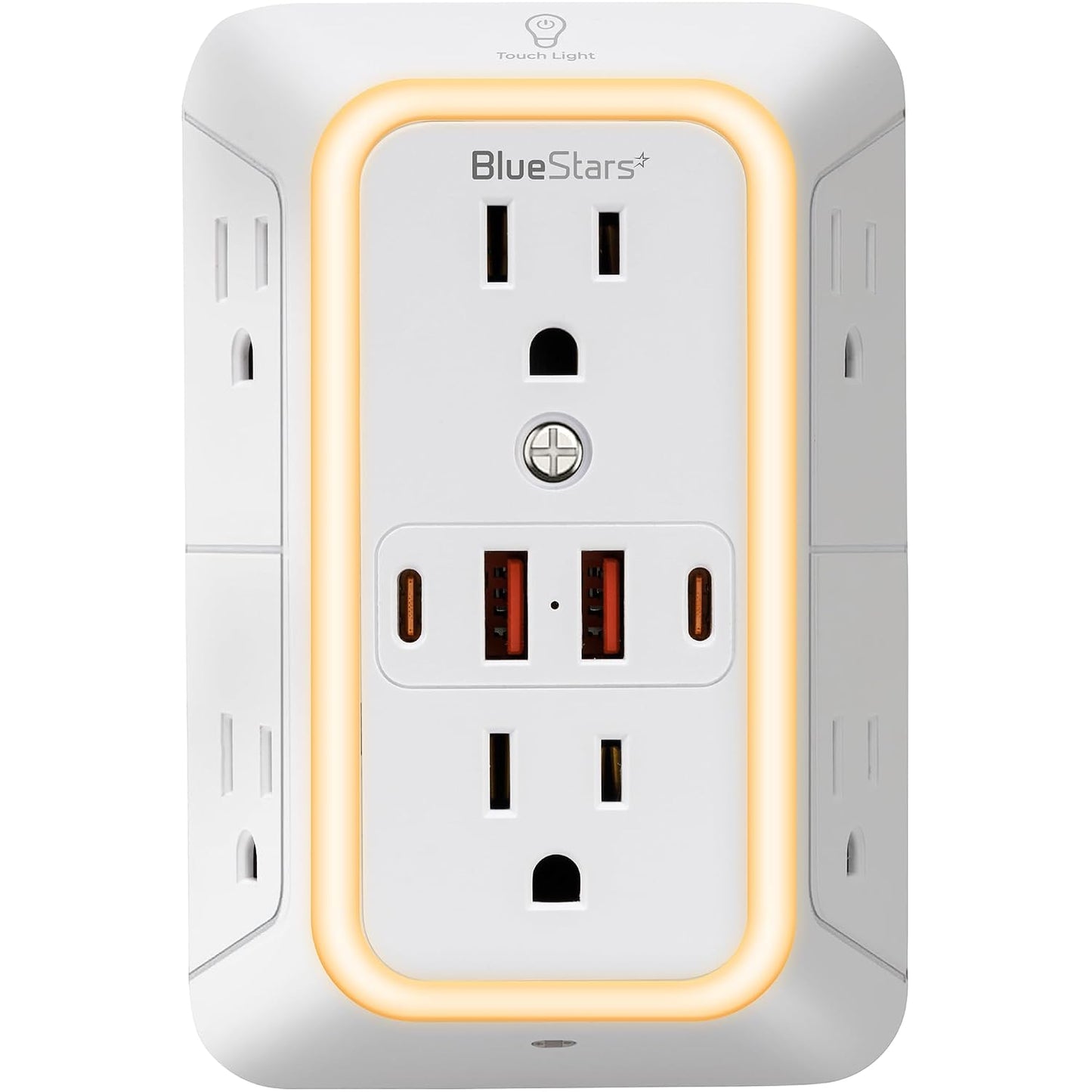 Wall Mount Power Strips Wall Charger 6 Outlet Extender 4 USB Ports (5V, 2.4A, 12W) and Night Light 3-Sided Power Strip with Adapter Spaced Outlets - Multi Plug Outlet Surge Protector for Home Office