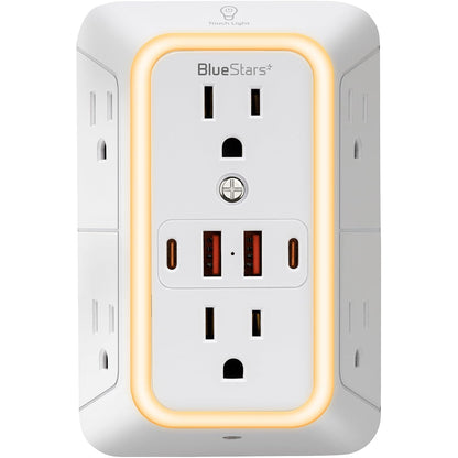 Wall Mount Power Strips Wall Charger 6 Outlet Extender 4 USB Ports (5V, 2.4A, 12W) and Night Light 3-Sided Power Strip with Adapter Spaced Outlets - Multi Plug Outlet Surge Protector for Home Office