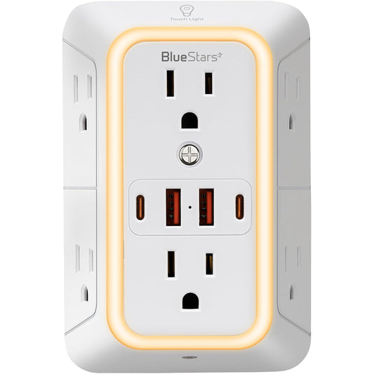 Wall Mount Power Strips Wall Charger 6 Outlet Extender 4 USB Ports (5V, 2.4A, 12W) and Night Light 3-Sided Power Strip with Adapter Spaced Outlets - Multi Plug Outlet Surge Protector for Home Office
