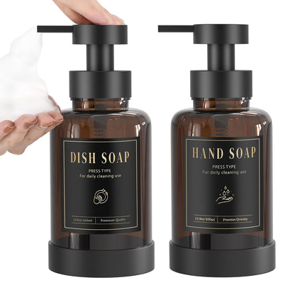Luxspire Glass Foaming Soap Dispenser 15oz Hand Soap Bottle, Amber, 2 Pack | Anti-drip pump, wide mouth easy refill, non-slip silicone base, 5 waterproof labels, refillable glass for hand dish soap
