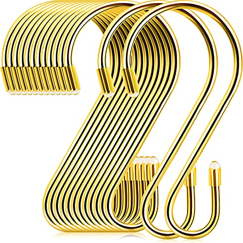 Hotop 36 Pcs S Hooks for Hanging 3.15 Inch Heavy Duty S Shaped Stainless Steel Hook Metal Hanging Curtain Hooks Pan Pot Holder Rack for Pot, Pan, Cups, Plants, Bags, Jeans, Towels(Gold)