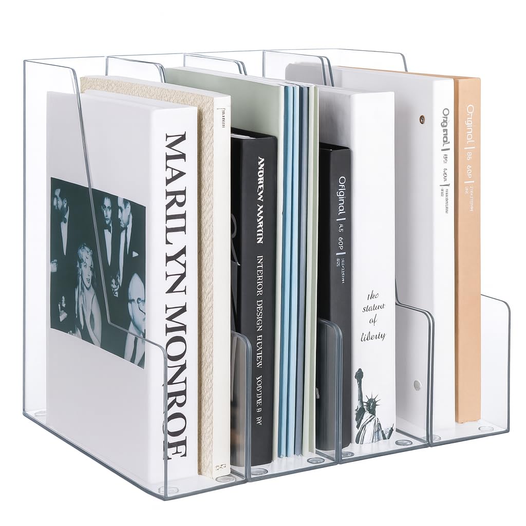 Vertical Magazine File Holder, Clear, 4 Pack | Plastic, Holds Magazines, Binders, Notebooks, Envelopes, Desk Organizer and Storage Bins