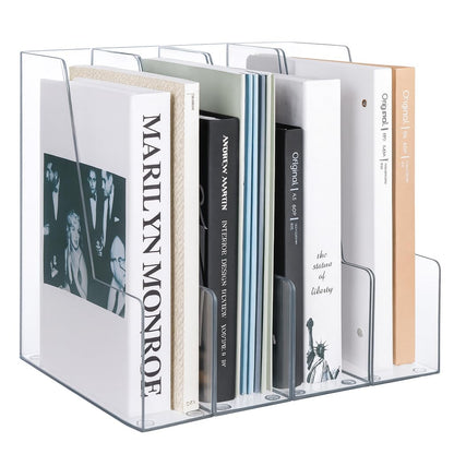 Vertical Magazine File Holder, Clear, 4 Pack | Plastic, Holds Magazines, Binders, Notebooks, Envelopes, Desk Organizer and Storage Bins