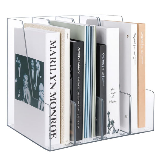 LALOBLUE Vertical Magazine File Holder, Clear, 4 Pack | Plastic, Holds Magazines, Binders, Notebooks, Envelopes, Desk Organizer and Storage Bins