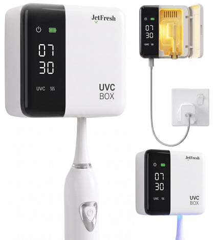 Jetfresh UV Toothbrush Sanitizer Holder & Cleaner with LED Clock Display & Hot Air Drying – Wall-Mounted UV Tooth Brush Holder for Bathroom, Travel, Rechargeable Portable Design, Fits All Brushes