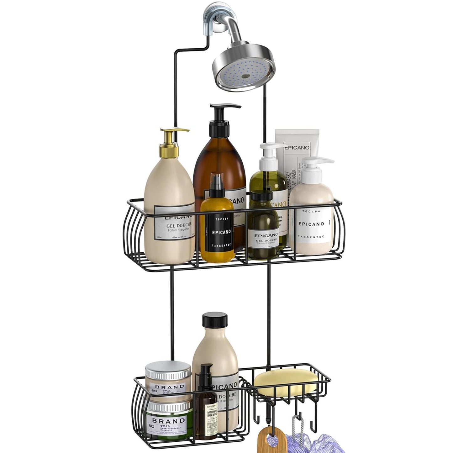 Epicano Shower Caddy Hanging,Large Capacity Shower Organizer,Black | Rustproof,Built-in Soap Dish & 4 Hooks for Loofahs,Suction & Adhesive Install,No Drilling Bathroom Shelves for Inside Shower