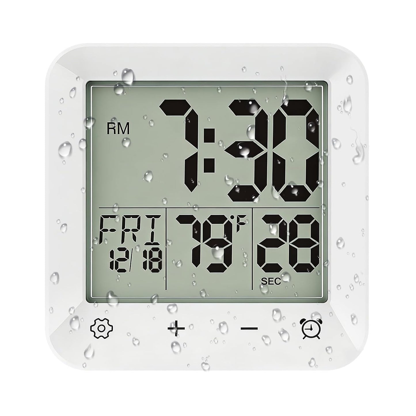 Bathroom Clock Waterproof Shower Timer, Digital Wall Clock with Countdown, Touch Screen, LCD Display, Temperature, Suction Cup/Hanging Hole/Stand, Spa Sauna I White