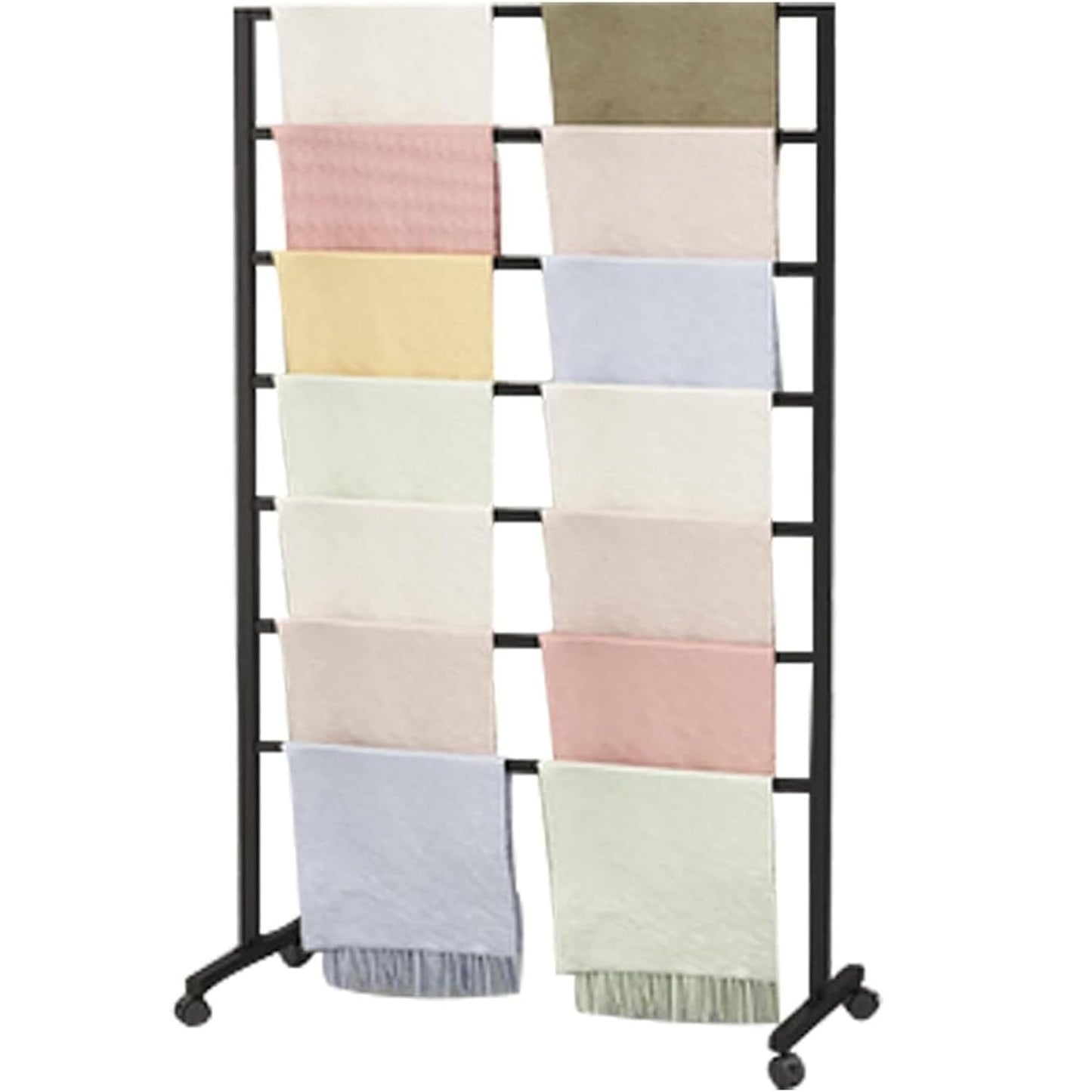 Freestanding Scarf Display Stand, Double-Sided Floor Towel Hijab Rack | Black Metal Belt Shawl Scarf Organizer for Boutique Display Commercial Retail Store Home, 360° Rotatable Easy Assembly