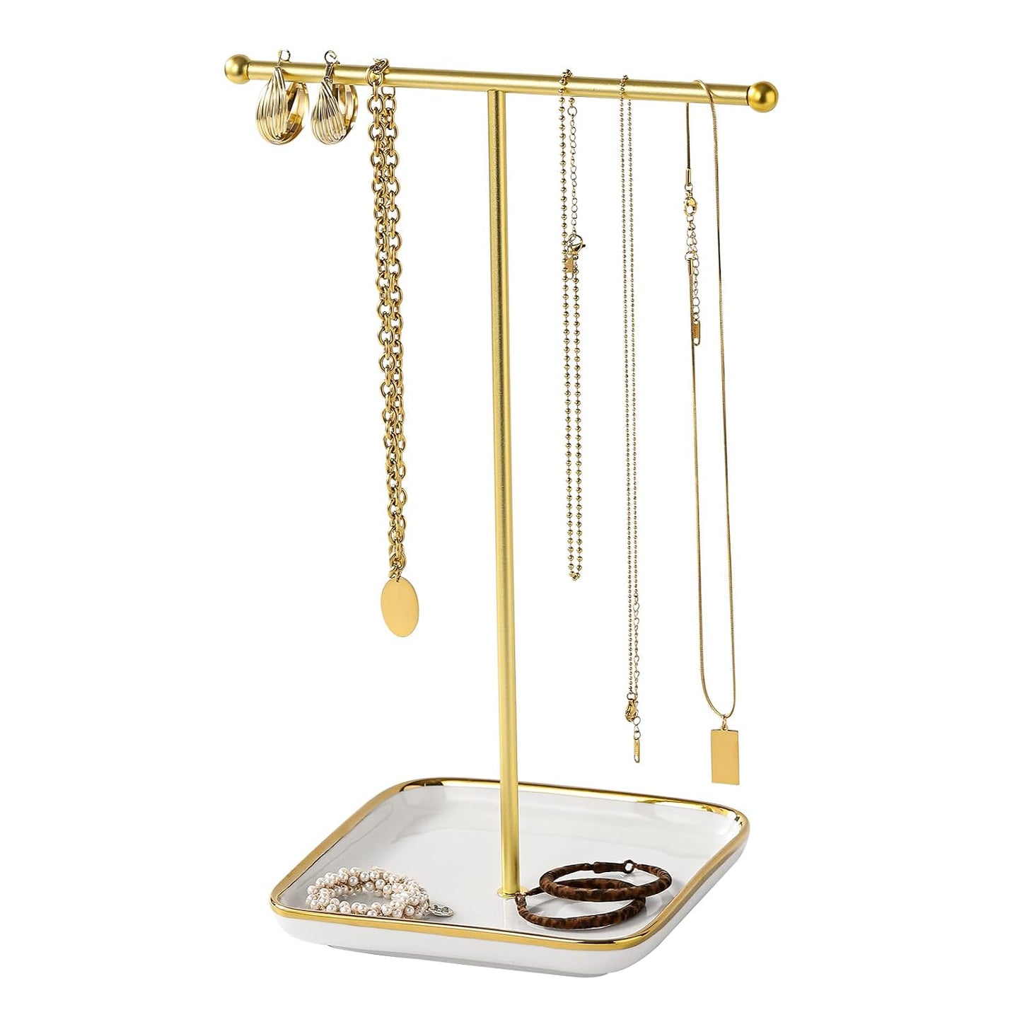 modern T-shaped jewelry rack, jewelry tower, gold metal, square ceramic base decoration display tower, necklace, bracelet, ring storage rack (1-layer ceramic disc)