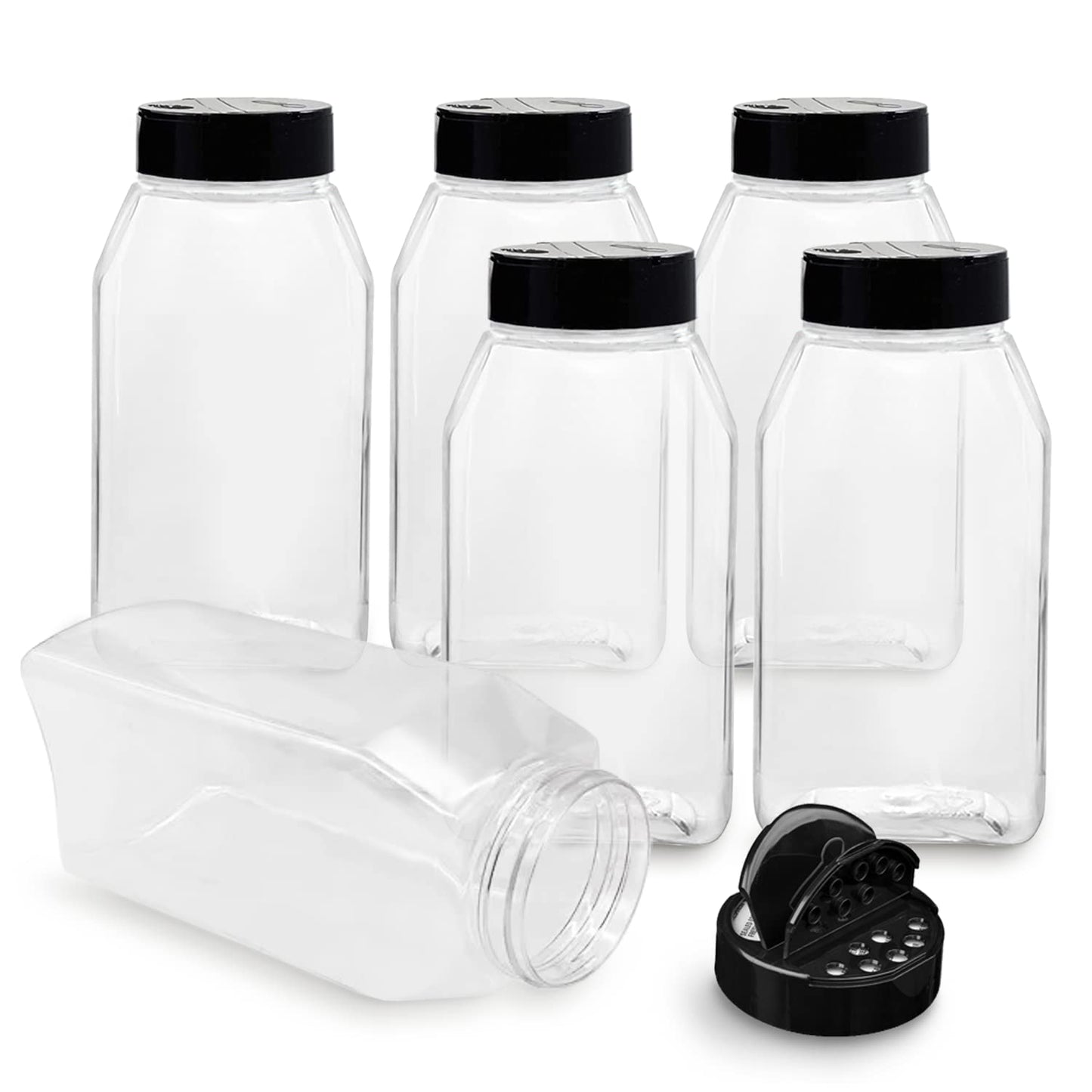 Plastic Spice Jars Bottle Containers with Black Cap, 32 Oz, 6 PACK