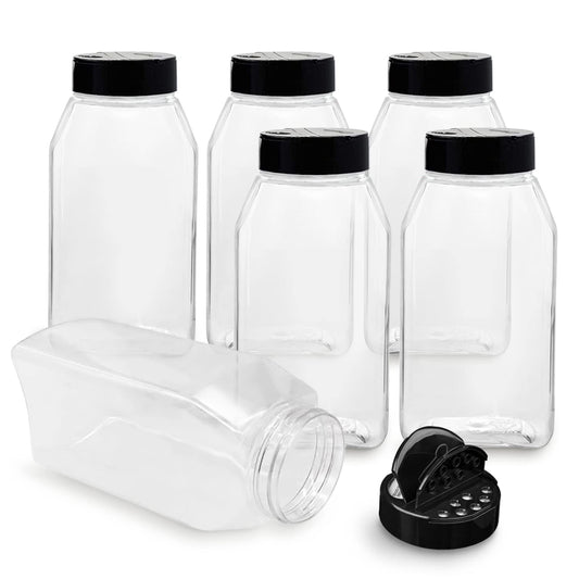 Plastic Spice Jars Bottle Containers with Black Cap, 32 Oz, 6 PACK