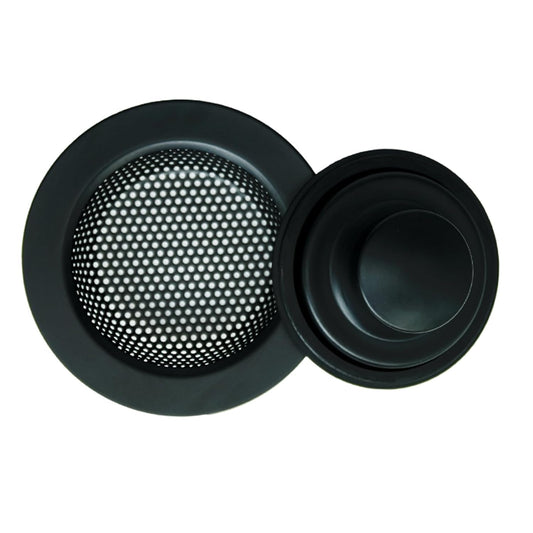 RQYEKDO 4.5" Stainless Sink Strainer Black Food Catcher Drain Plug | Wide anti-rust flared rim, matte dark coating, smooth holes speed drainage, block clogs, easy lift for quick cleaning