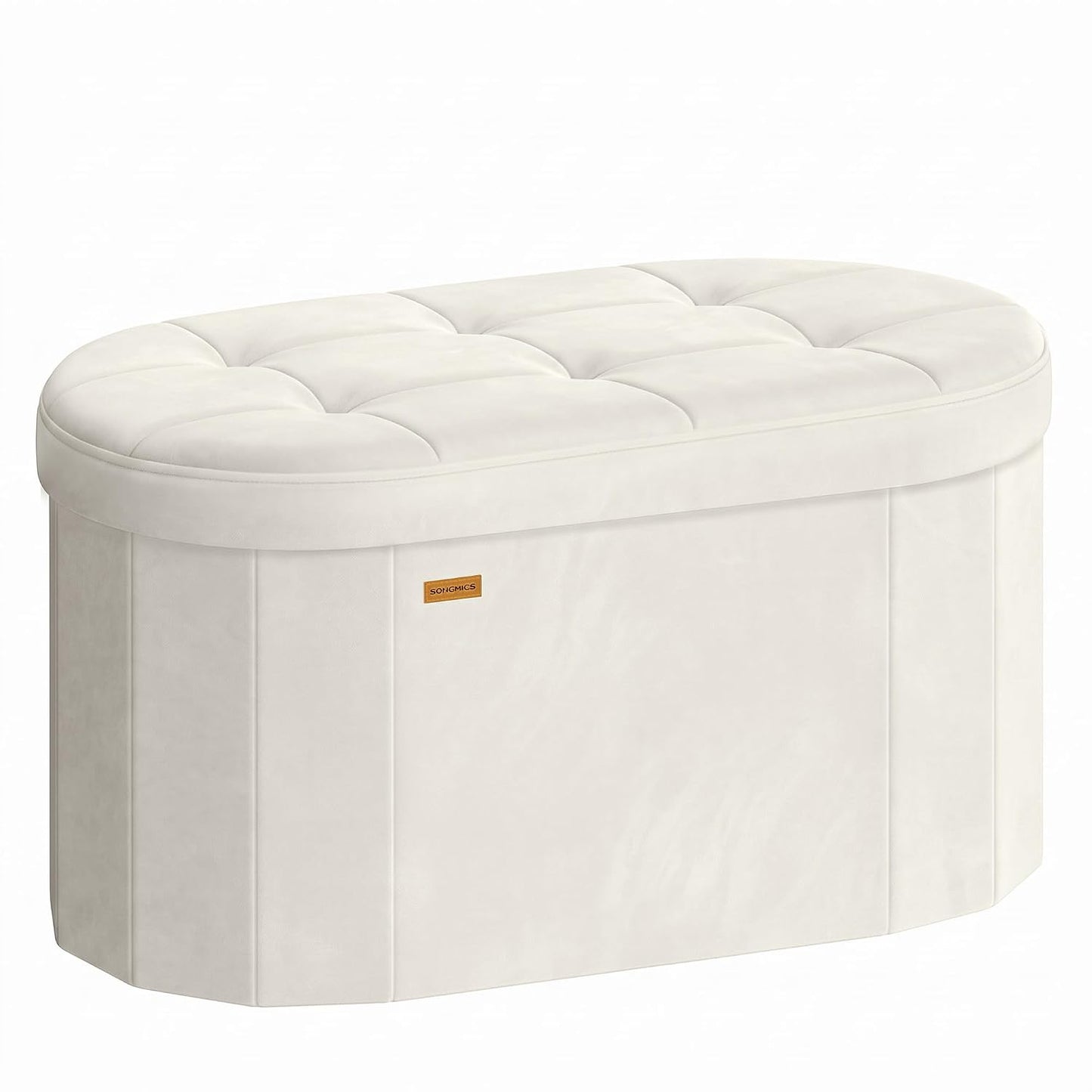 SONGMICS Mazie Collection - Folding Ottoman with Storage, Oval Storage Ottoman Bench, for Living Room, Bedroom, Velvet Fabric, 15 x 30 x 15 Inches, Cream White ULSF267LH01