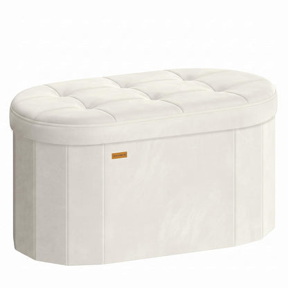 SONGMICS Mazie Collection - Folding Ottoman with Storage, Oval Storage Ottoman Bench, for Living Room, Bedroom, Velvet Fabric, 15 x 30 x 15 Inches, Cream White ULSF267LH01