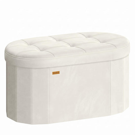 SONGMICS Mazie Collection - Folding Ottoman with Storage, Oval Storage Ottoman Bench, for Living Room, Bedroom, Velvet Fabric, 15 x 30 x 15 Inches, Cream White ULSF267LH01