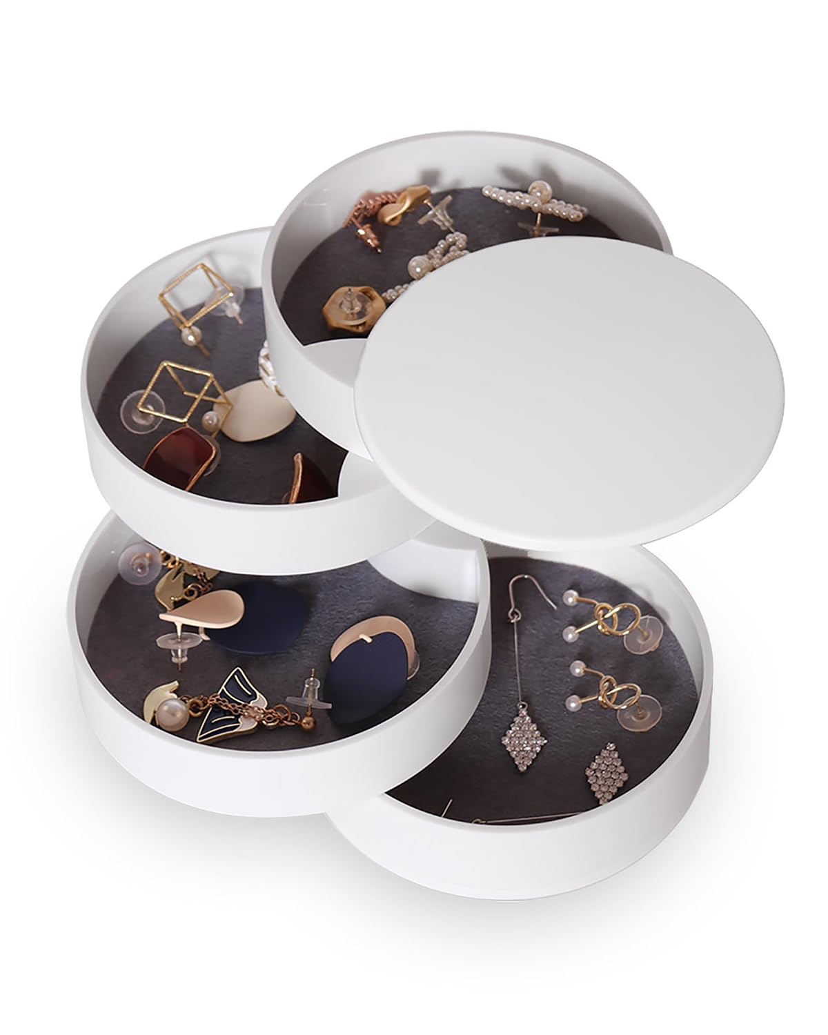 Jewelry Organizer, Small Jewelry Storage Box Earring Holder for Women, 4-Layer Rotating Travel Jewelry Tray Case with Lid for Bracelets Rings Bracelets, Gift for Women Teen Girls(White)