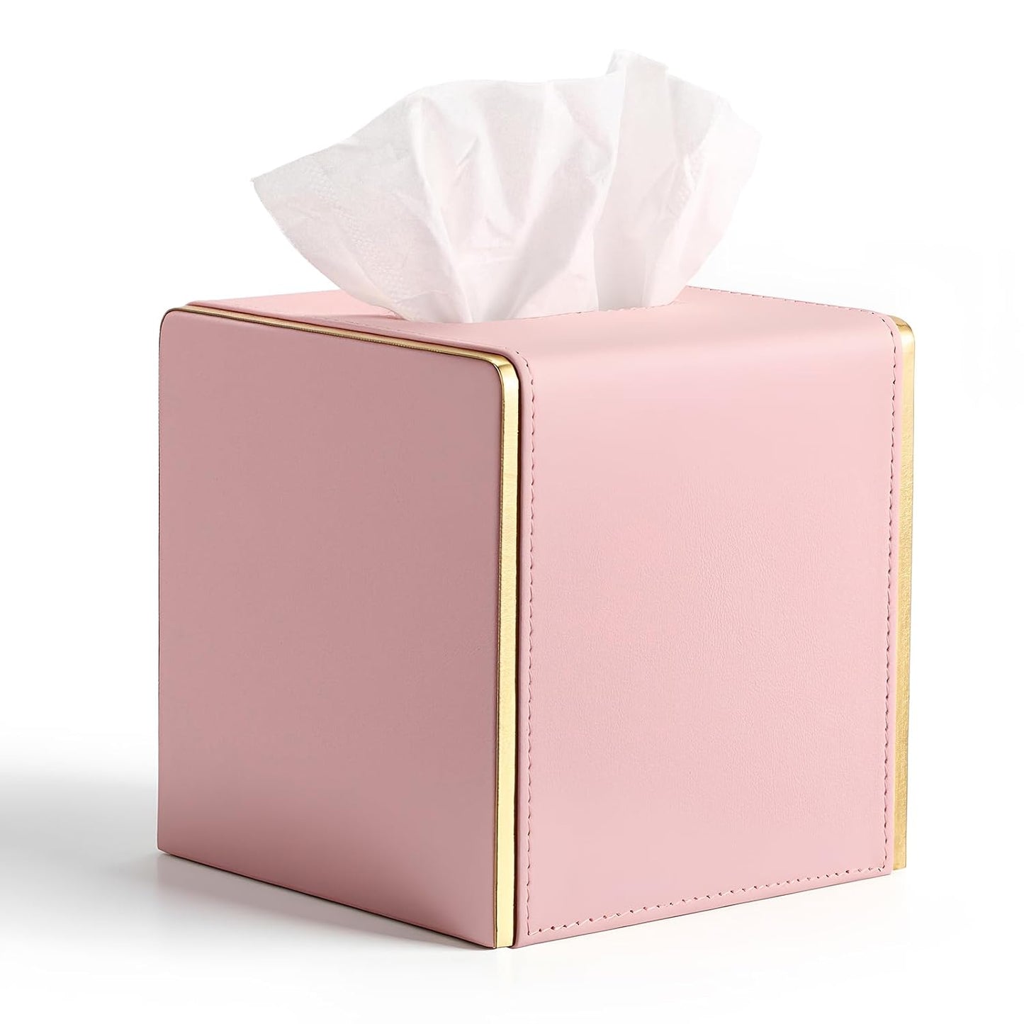 Sumnacon PU Square Tissue Box Cover, Magnetic Bottom, Waterproof, Pink | Stylish Cube Tissue Box Holder with Gold Edging Fits Vanity, Toilet Tank, Dresser, Nightstand, Table, Countertop, Office, Car