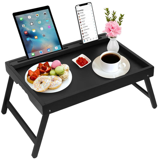Bamboo Bed Tray Table with Device Slot, Folding Le... (Black | Bamboo Wood)