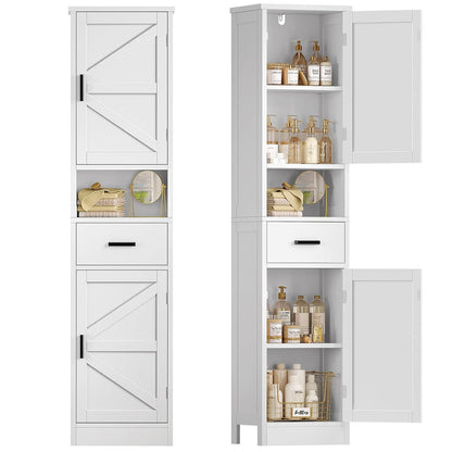 67" H Bathroom Storage Cabinet with Barn Doors & Adjustable Shelves, Bathroom Cabinet with Drawer, Narrow Bathroom Storage Unit, Floor Cabinets for Living Room, Kitchen, White