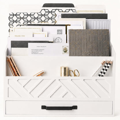 BLU MONACO | Wooden Mail Organizer with Drawer | Mail Organizer Countertop with 6 Compartments | Bill Holder for Desk | White Desktop Mail Sorter